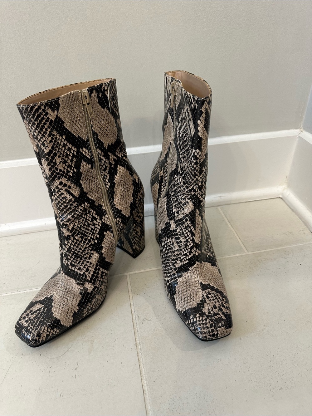 Steve Madden Snake-Print Square-Toe Ankle Boots in Beige and Black